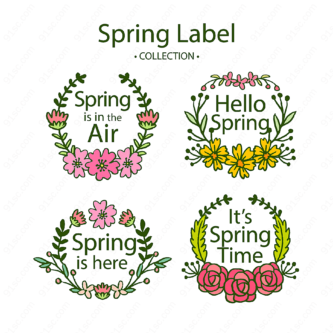 手绘春季花卉标签label矢量
