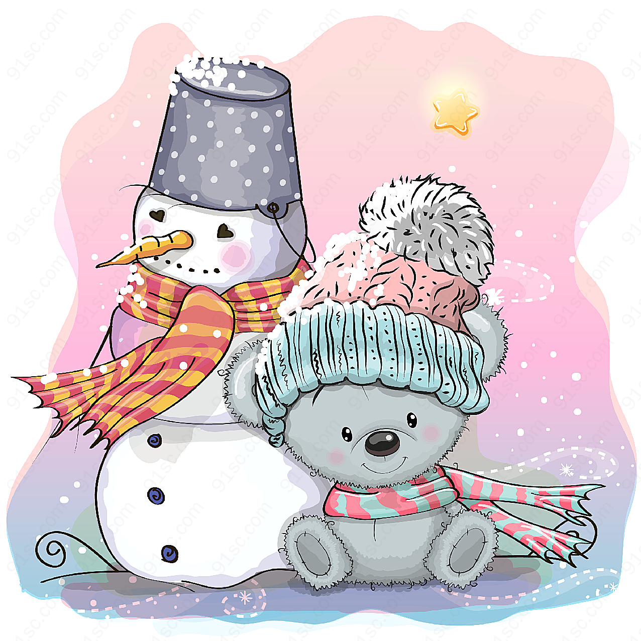 卡通冬季雪人和熊矢量卡通动物