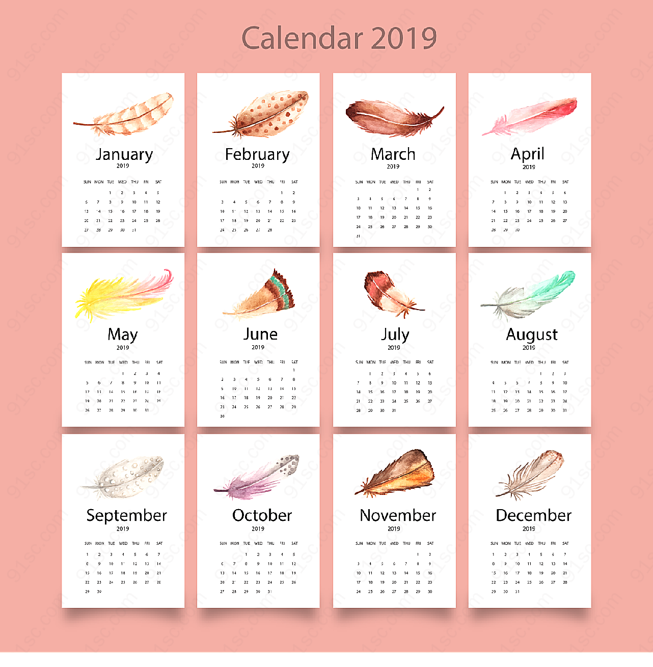 2019羽毛年历年历日历矢量