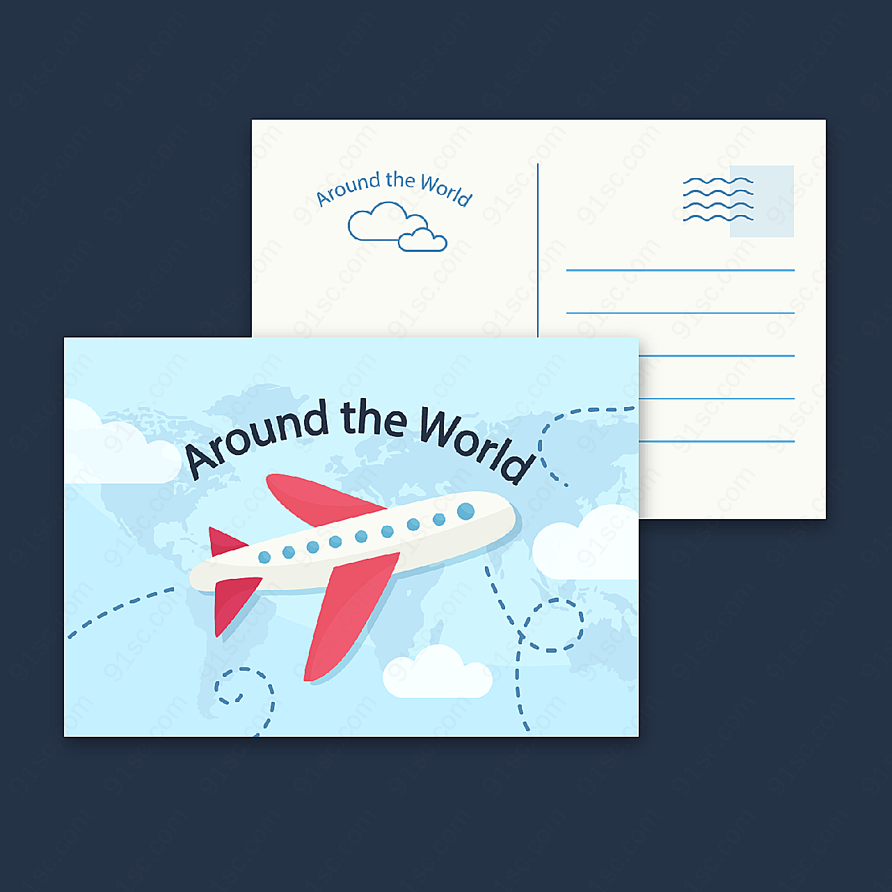 环球旅行飞机明信片矢量名片卡片