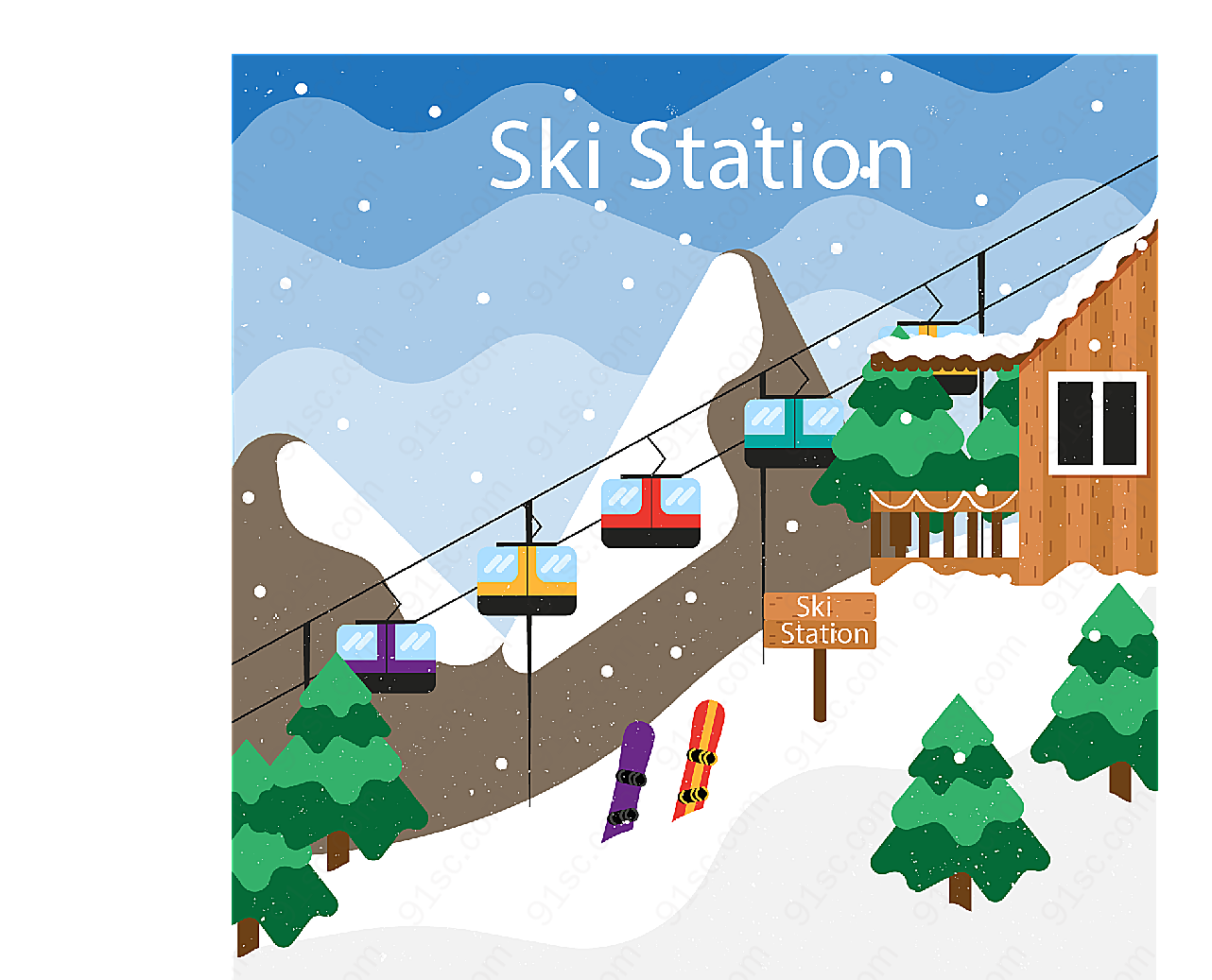 冬季滑雪缆车风景矢量建筑景观
