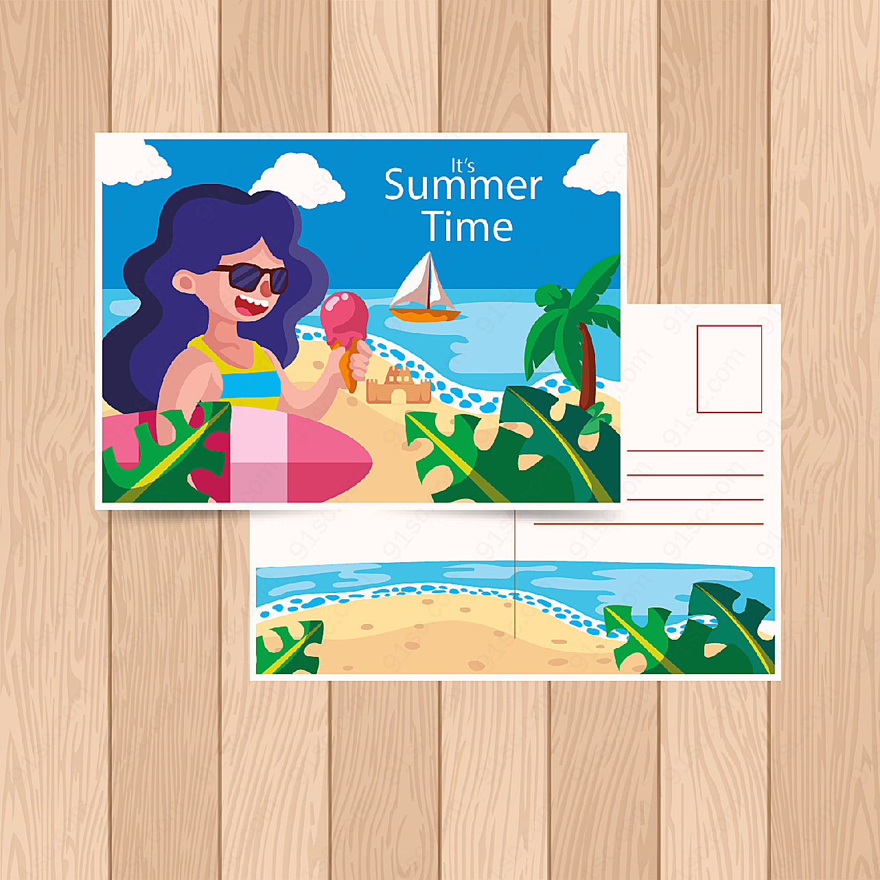 海边度假女子明信片矢量名片卡片