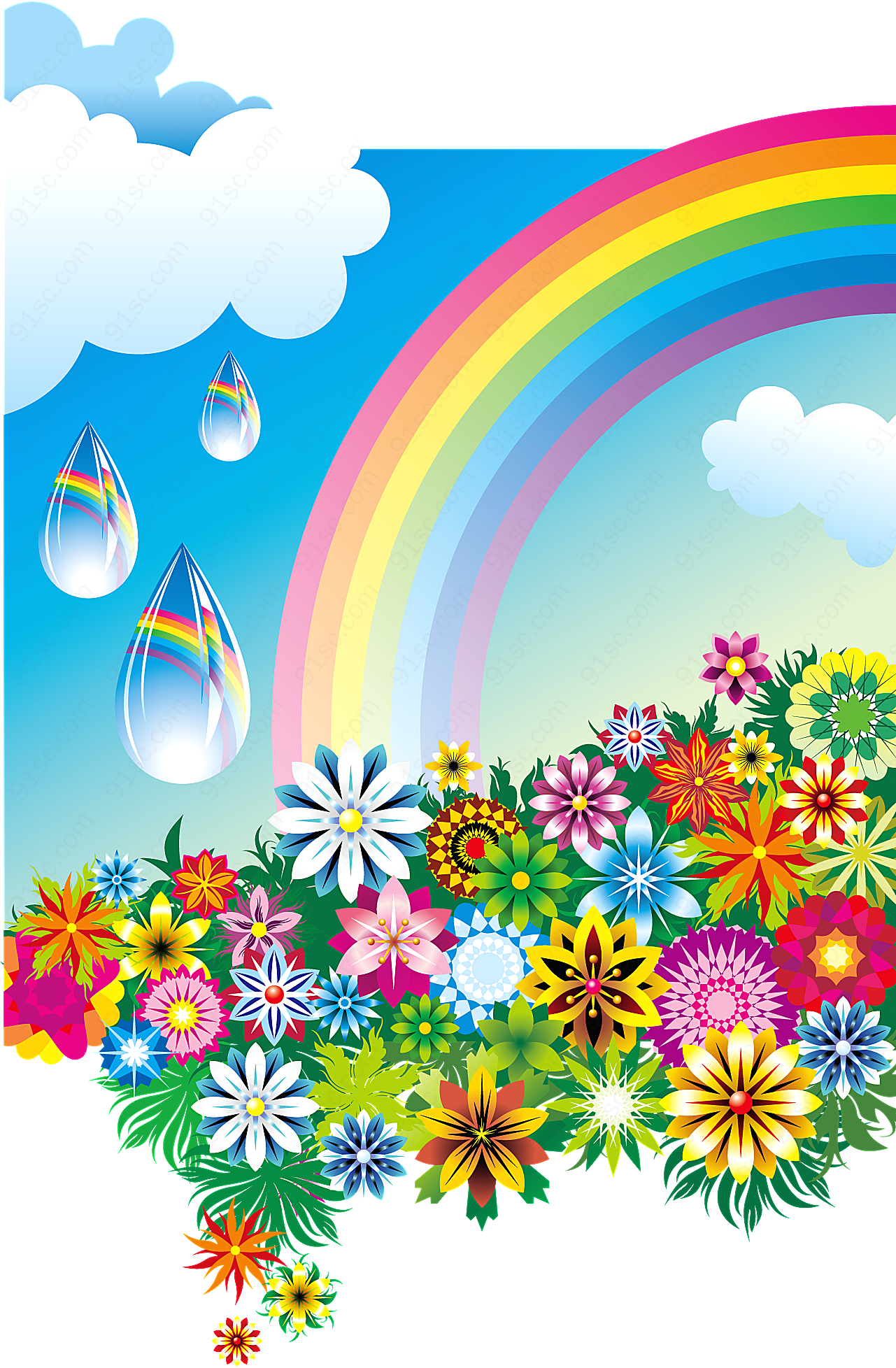 缤纷花朵彩虹矢量自然风景