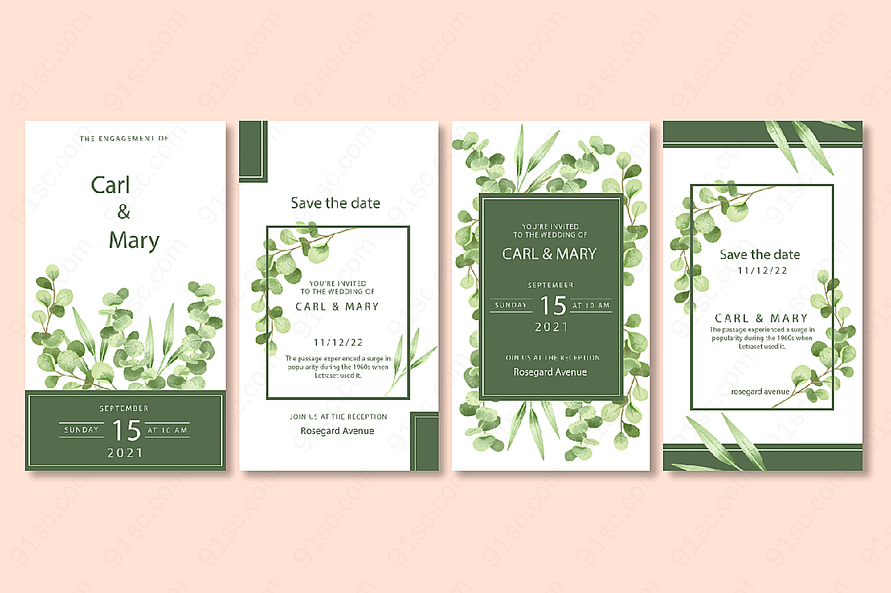 植物装饰婚礼卡片素材矢量概念