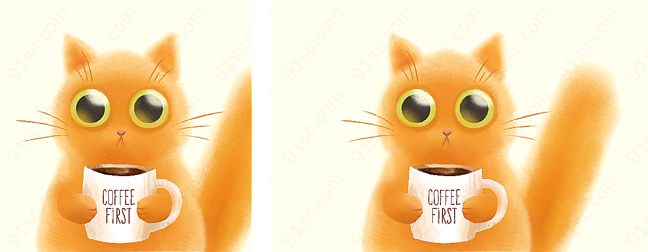 可爱抱咖啡的猫矢量卡通动物