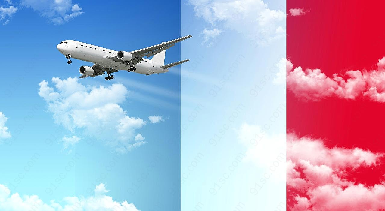 蓝天飞机法国国旗图片交通工具