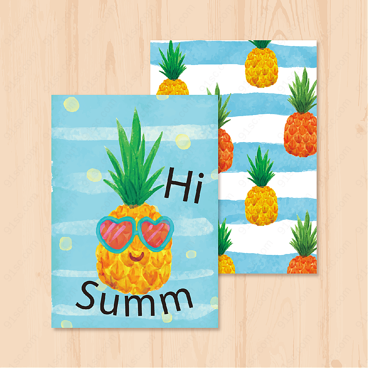 彩绘夏季菠萝卡片矢量名片卡片