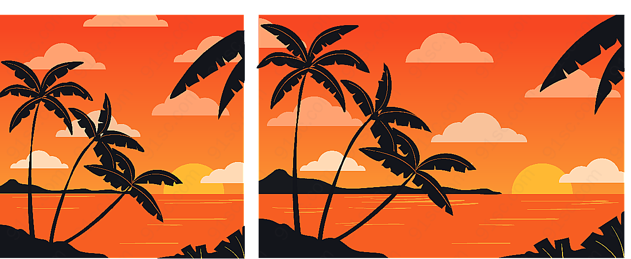 夕阳下的椰子树剪影矢量自然风景
