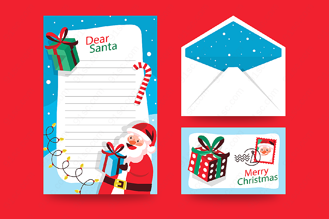 圣诞老人信纸和信封矢量圣诞节