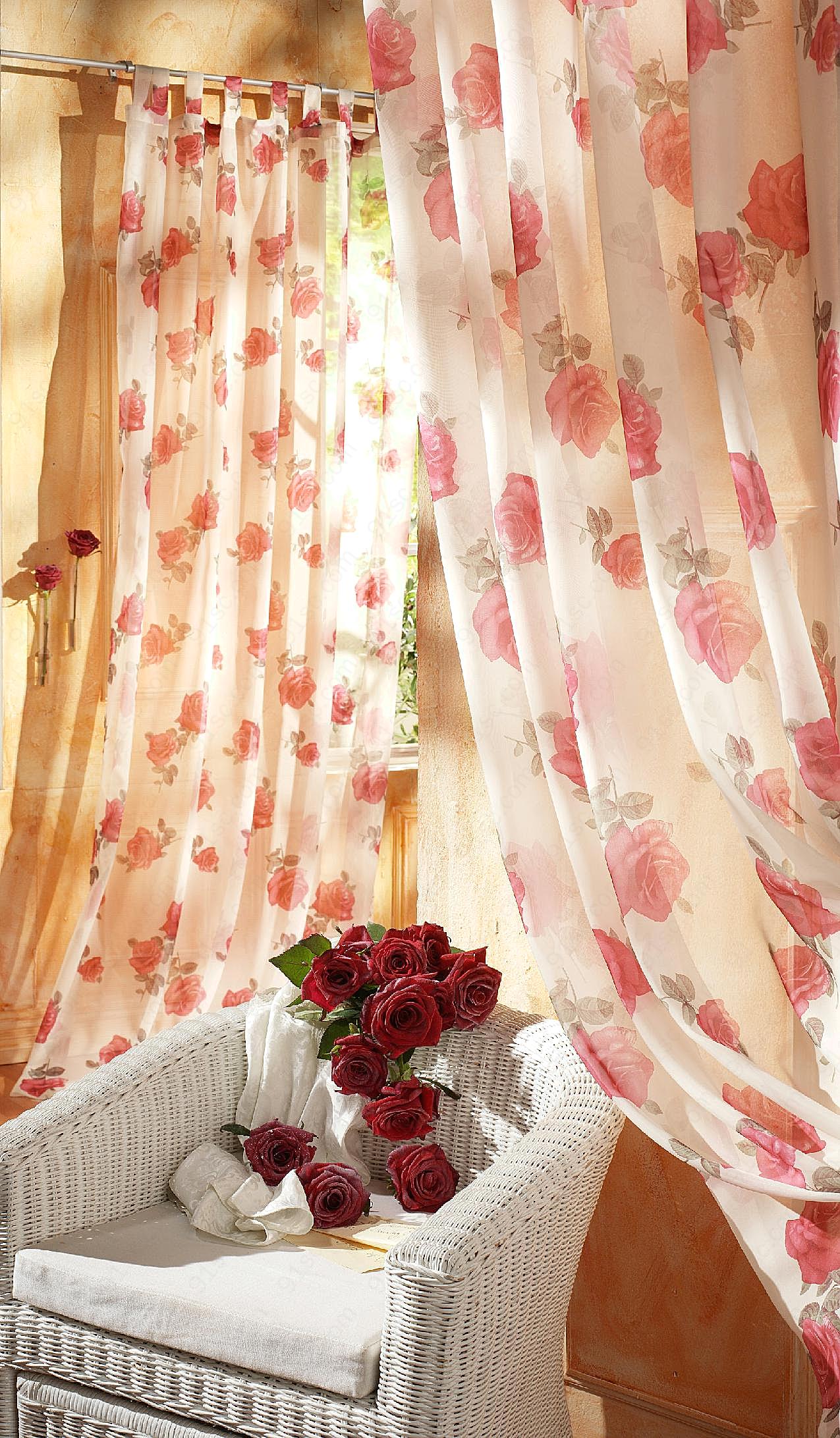 花饰窗帘与圈椅图片玫瑰花
