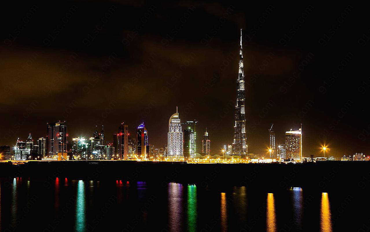 迪拜夜晚建筑景观图片现代建筑