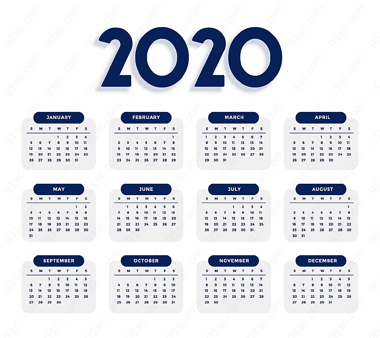2020年年历年历日历矢量