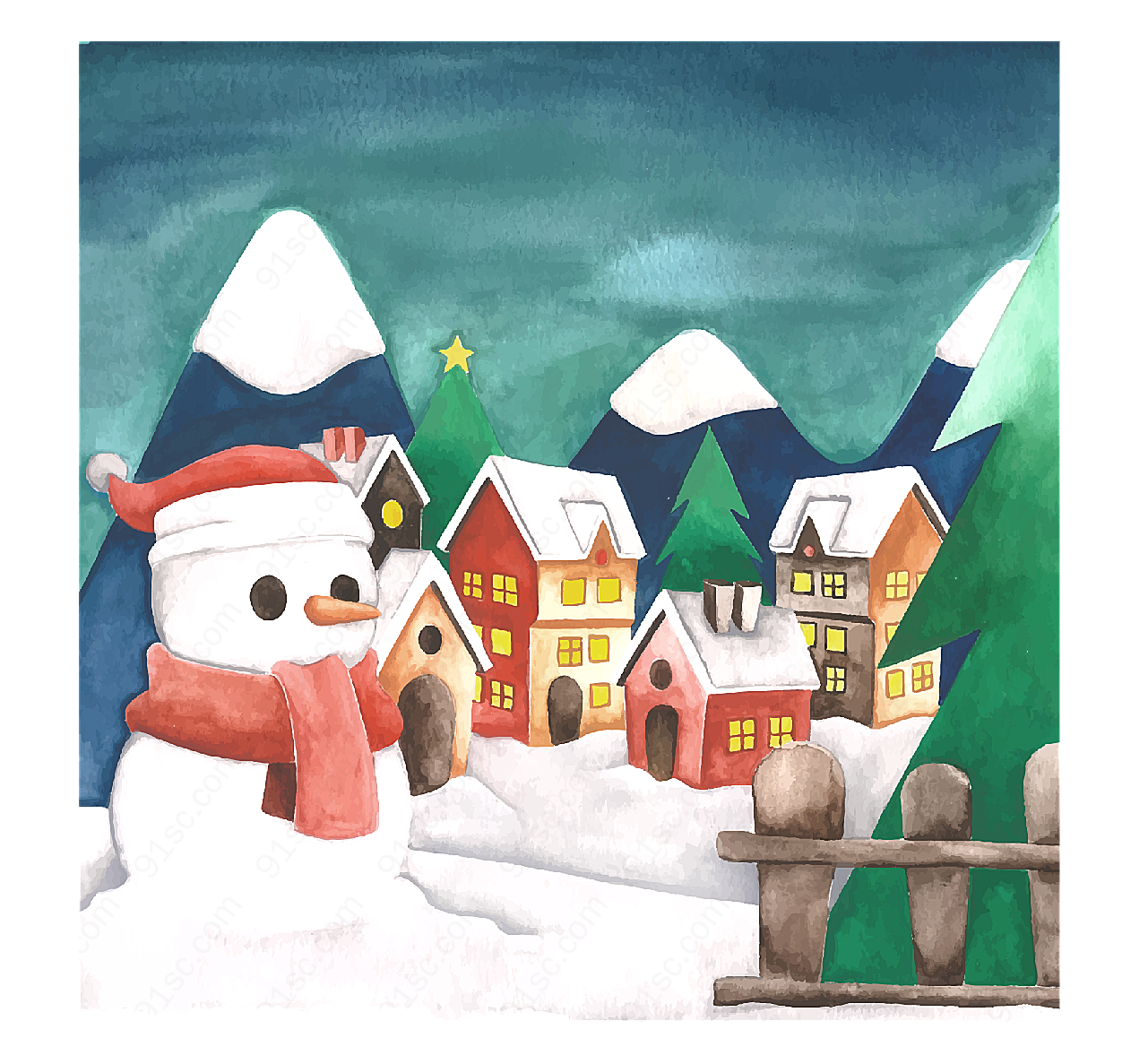 圣诞小镇和雪人矢量圣诞节