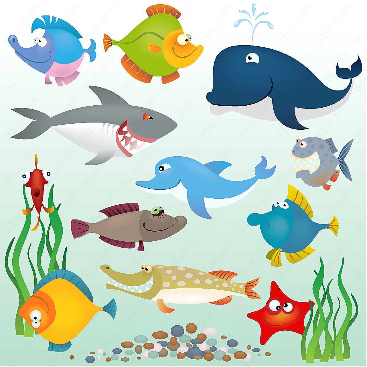 卡通鱼类陆地动物矢量卡通动物