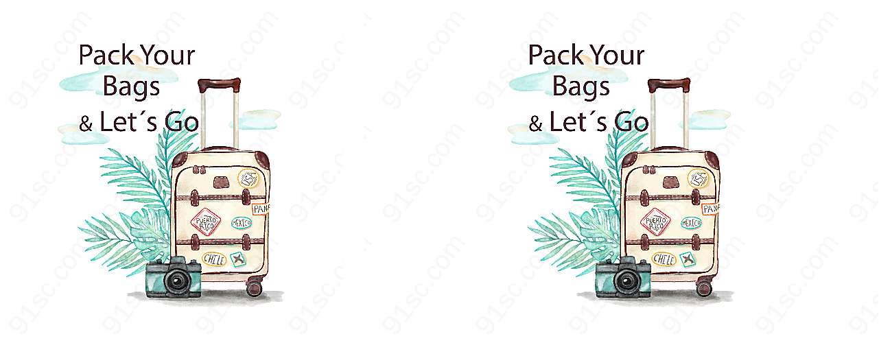 旅行箱和棕榈树叶矢量生活用品