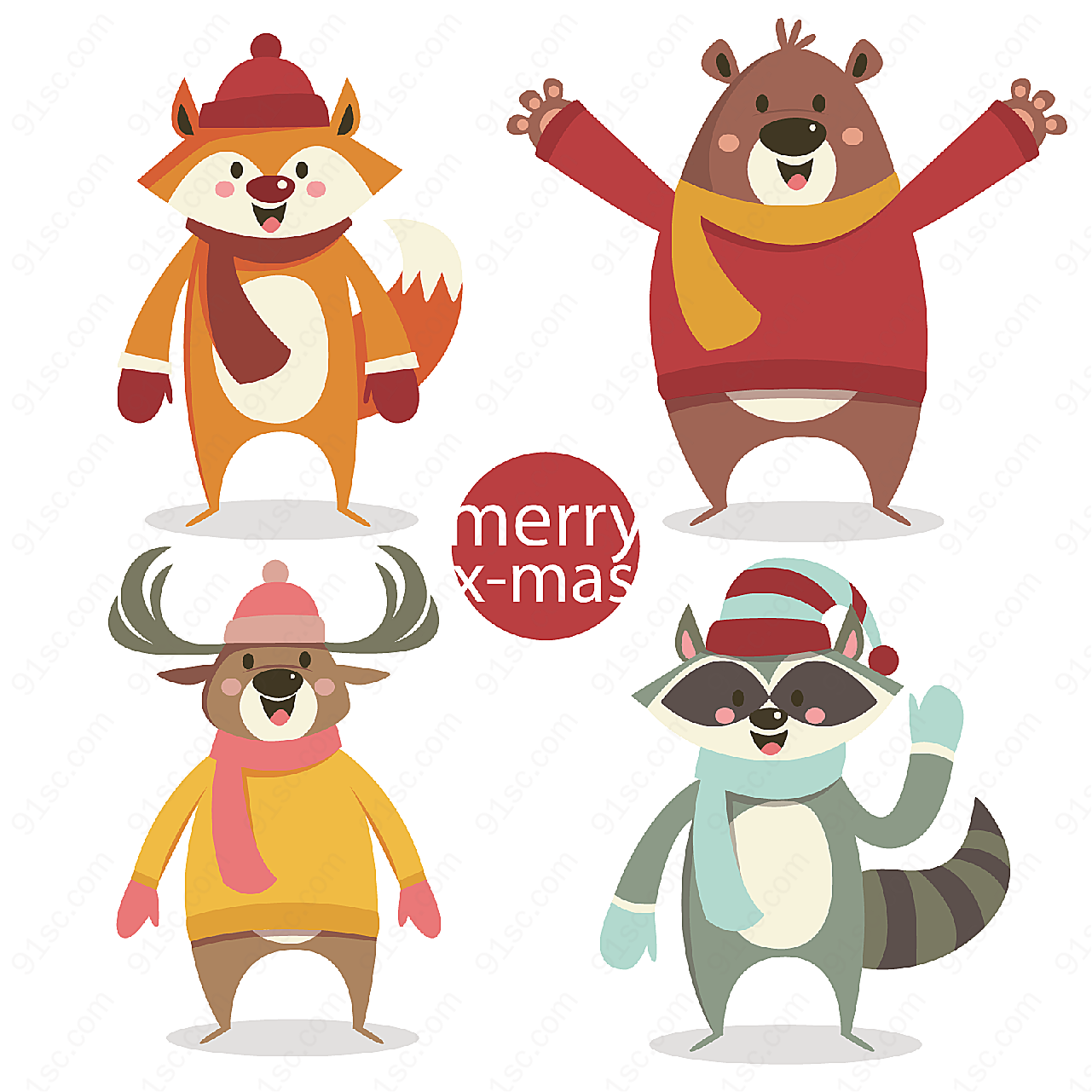 冬季圣诞森林动物动物矢量卡通动物