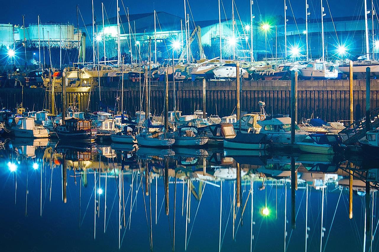 港口游艇夜景图片城市景观