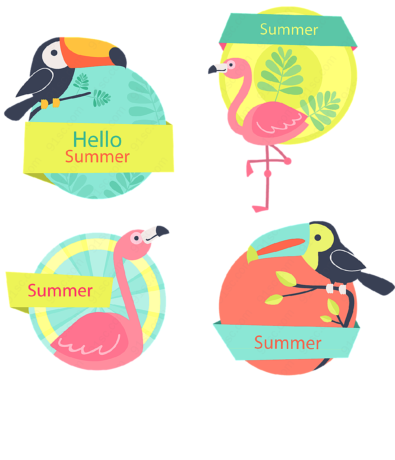 彩色夏季鸟类标签label矢量
