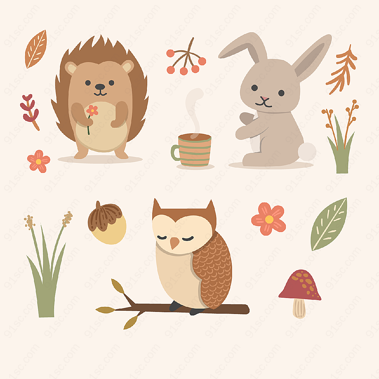 可爱秋季动物和花草动物矢量卡通动物