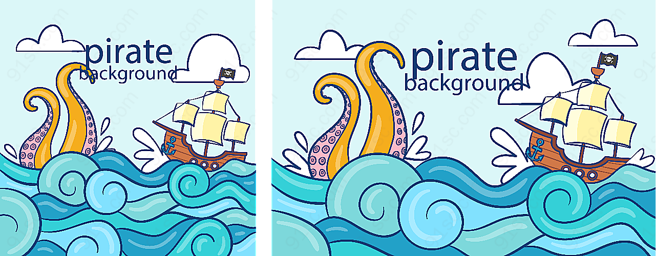 海盗船和章鱼矢量卡通动物