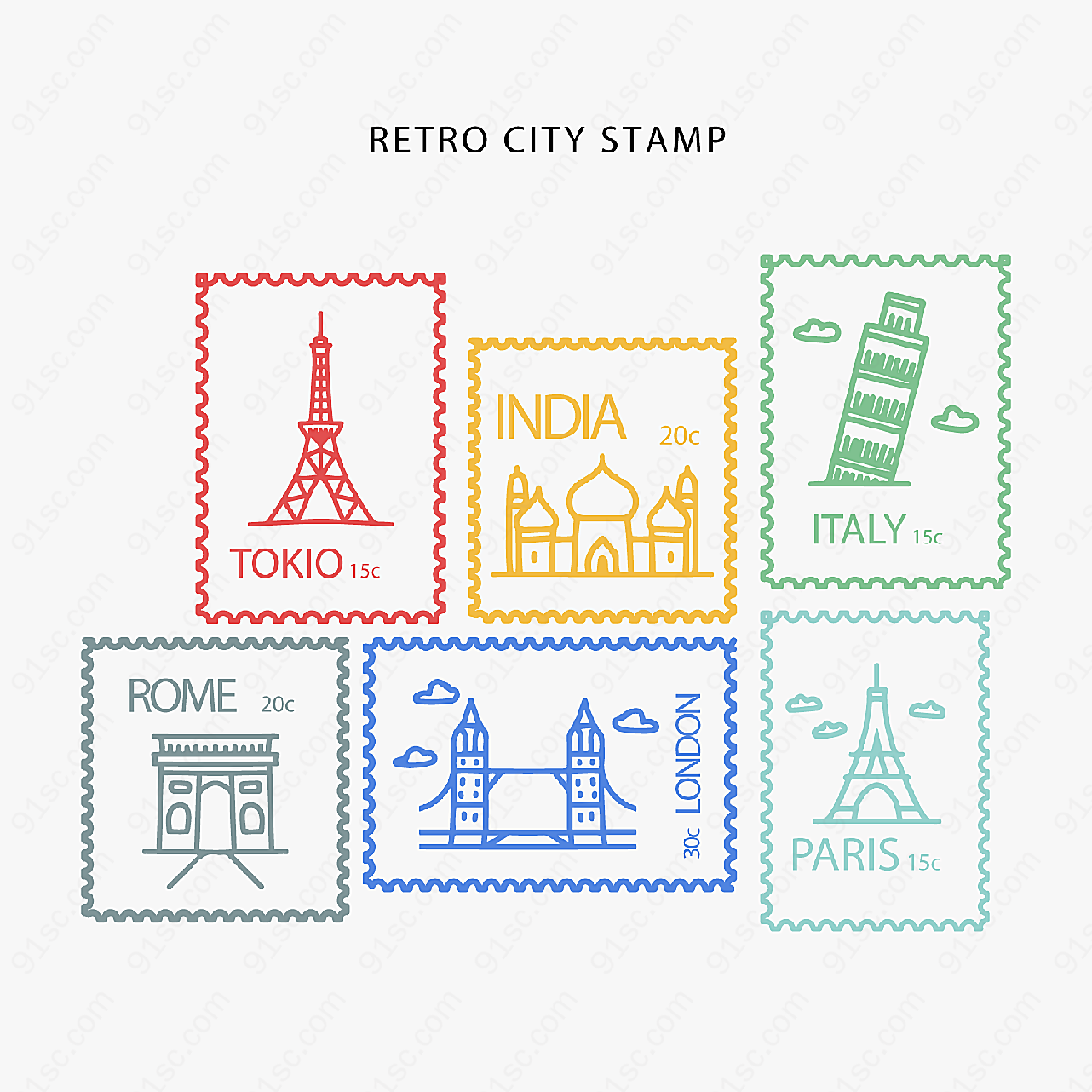 复古城市邮票矢量传统文化