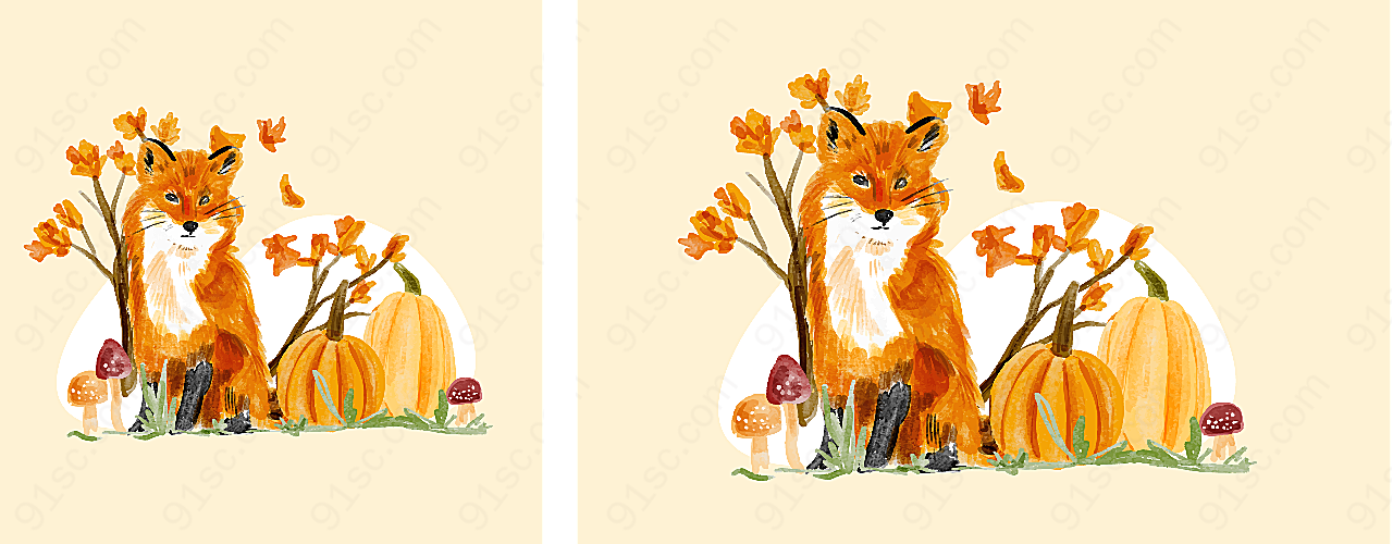 秋季狐狸和南瓜矢量野生动物