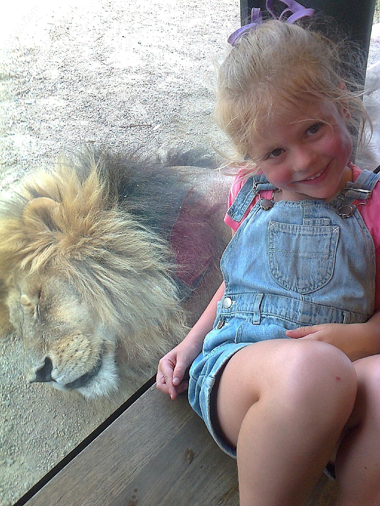与狮子合影的小女孩图片人物摄影