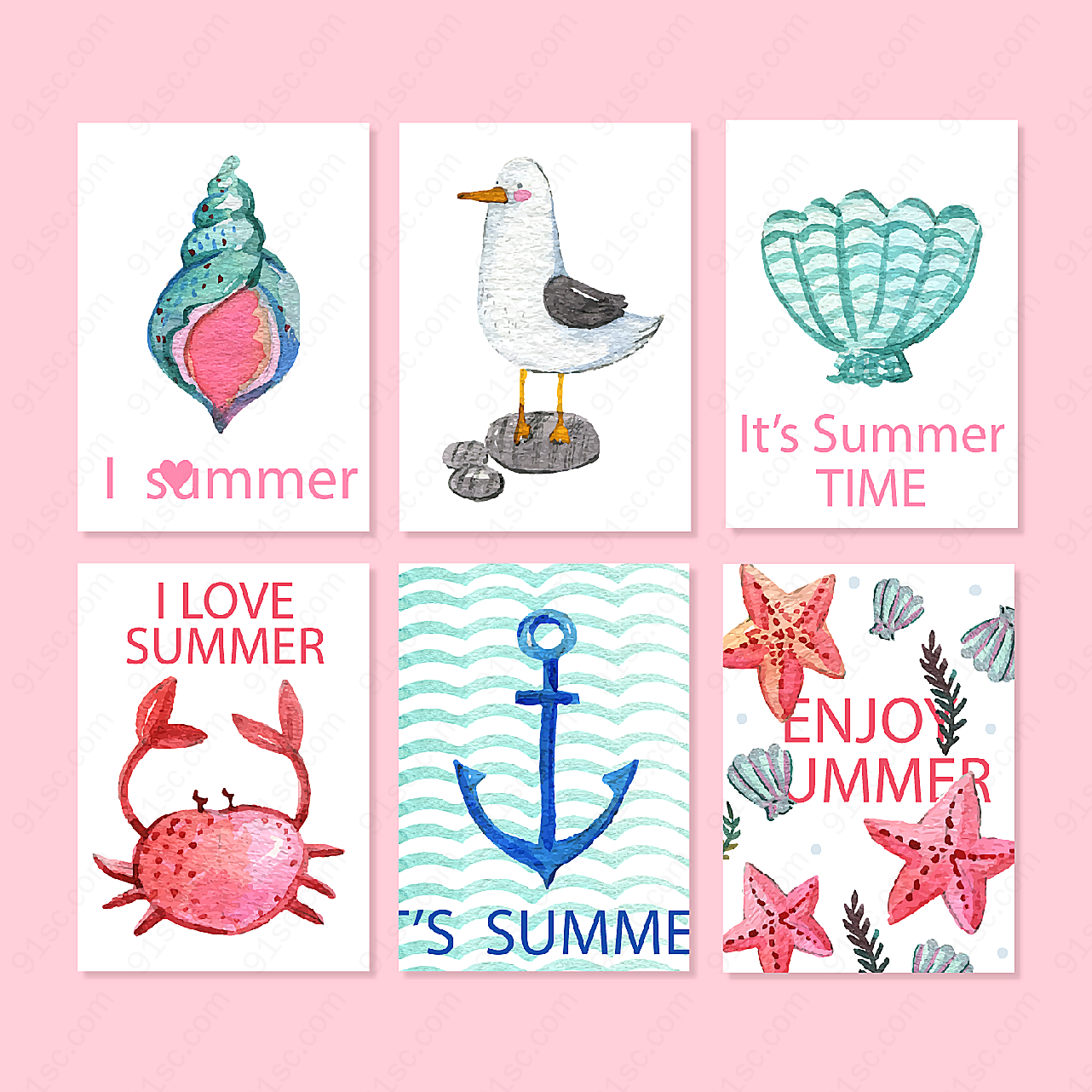 水彩绘夏季元素卡片矢量名片卡片