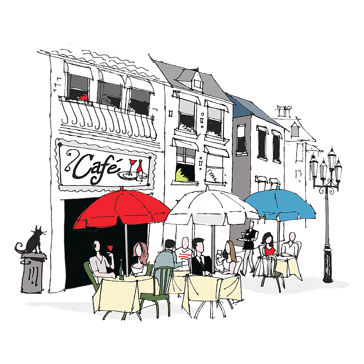 手绘街角咖啡厅插画高清摄影