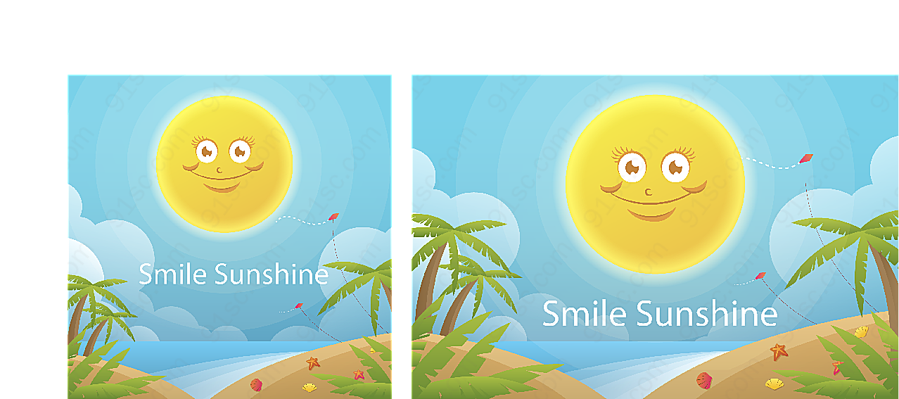 微笑太阳和沙滩卡通矢量插画