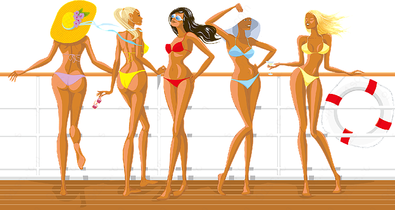 卡通沙滩度假的美女矢量女性人物