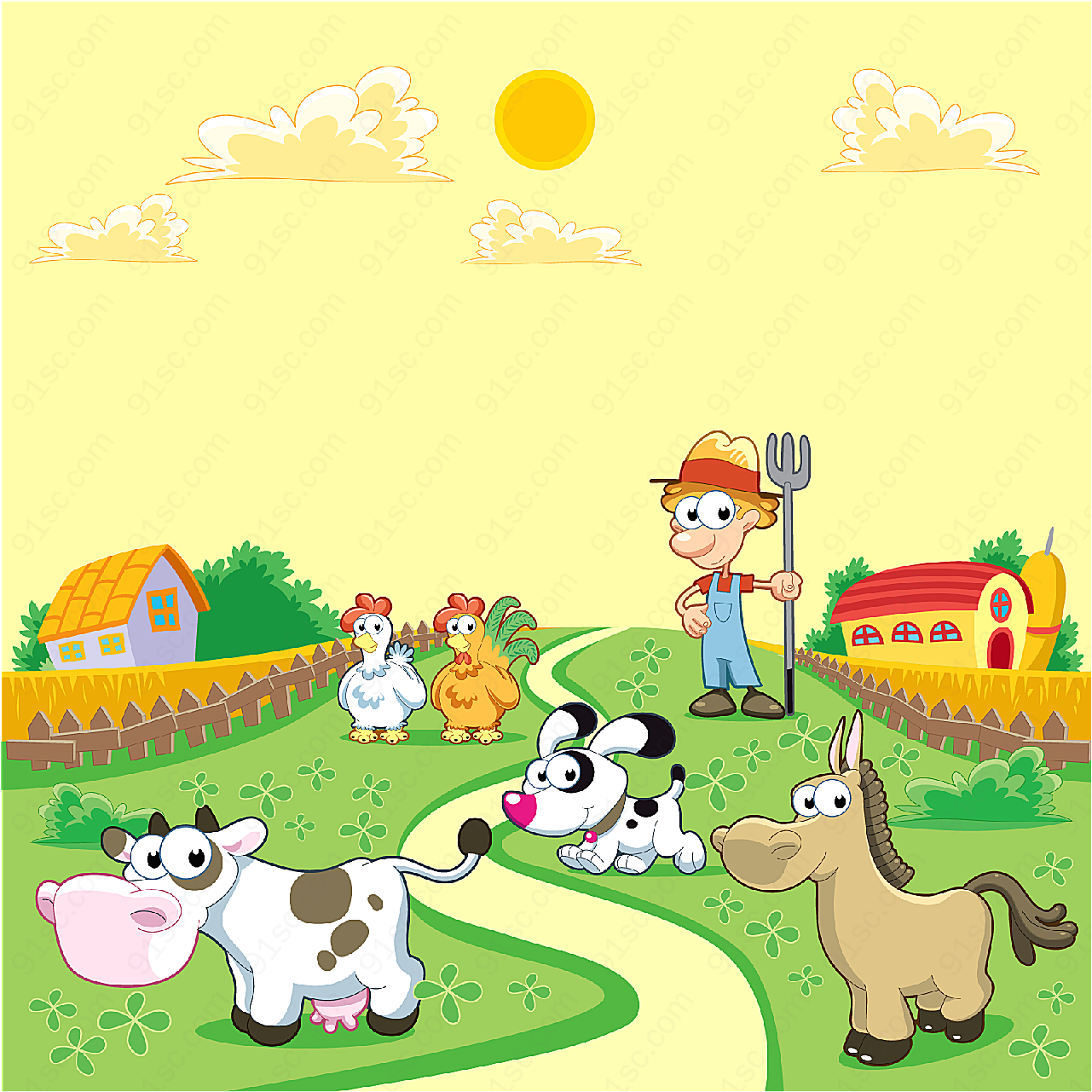 农夫和小动物卡通矢量插画
