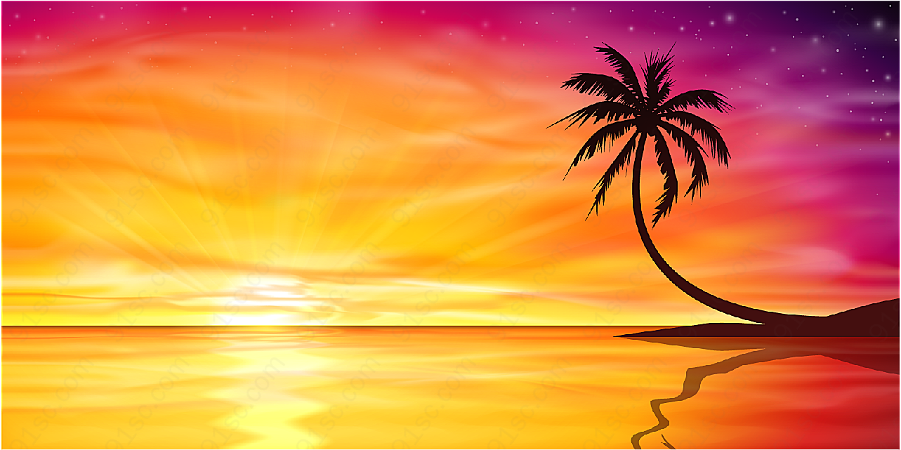 椰子树沙滩景色矢量自然风景