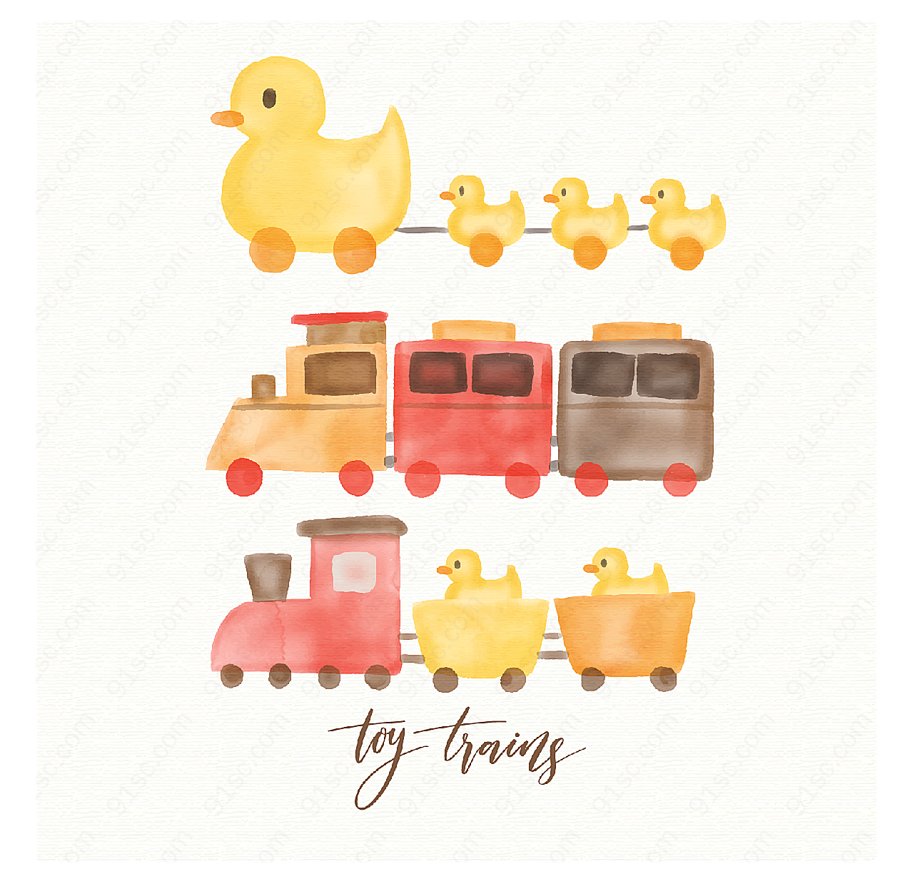 水彩绘玩具火车矢量卡通物品