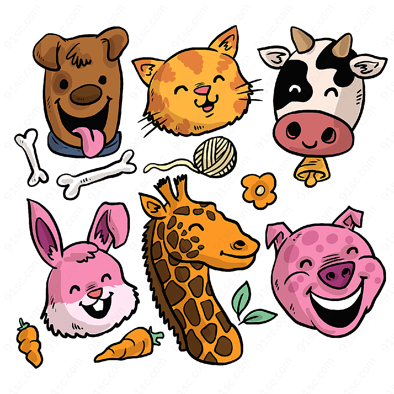 彩绘笑脸动物头像动物矢量卡通动物