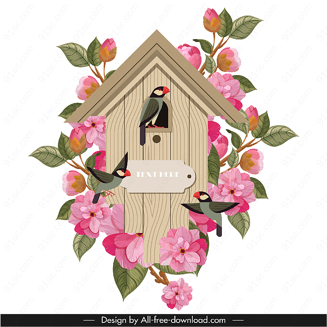 木制鸟屋和花卉矢量插画
