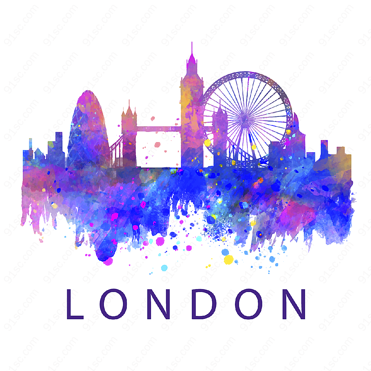 水彩绘伦敦建筑剪影矢量建筑景观