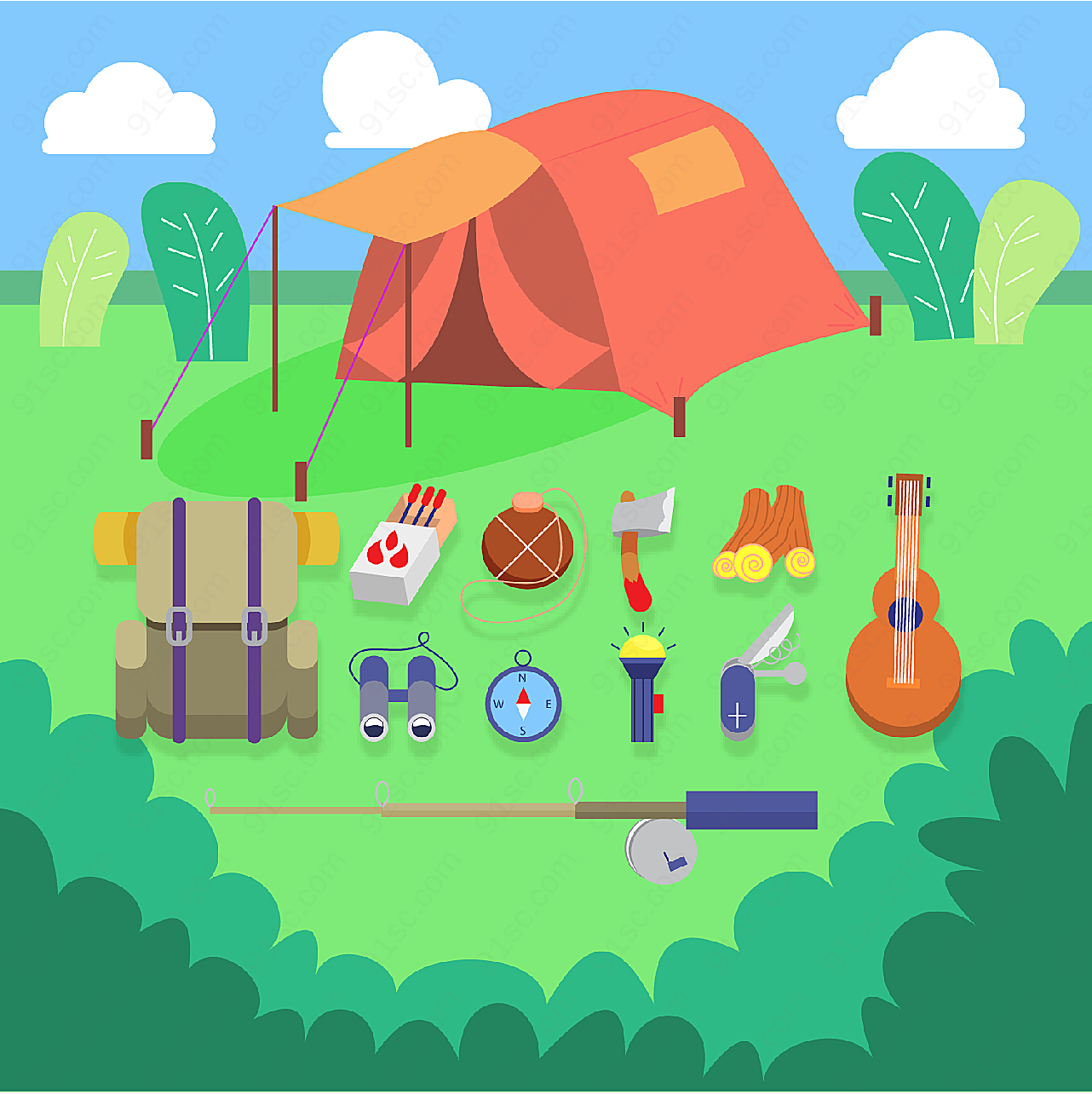 帐篷和野营物品矢量生活用品