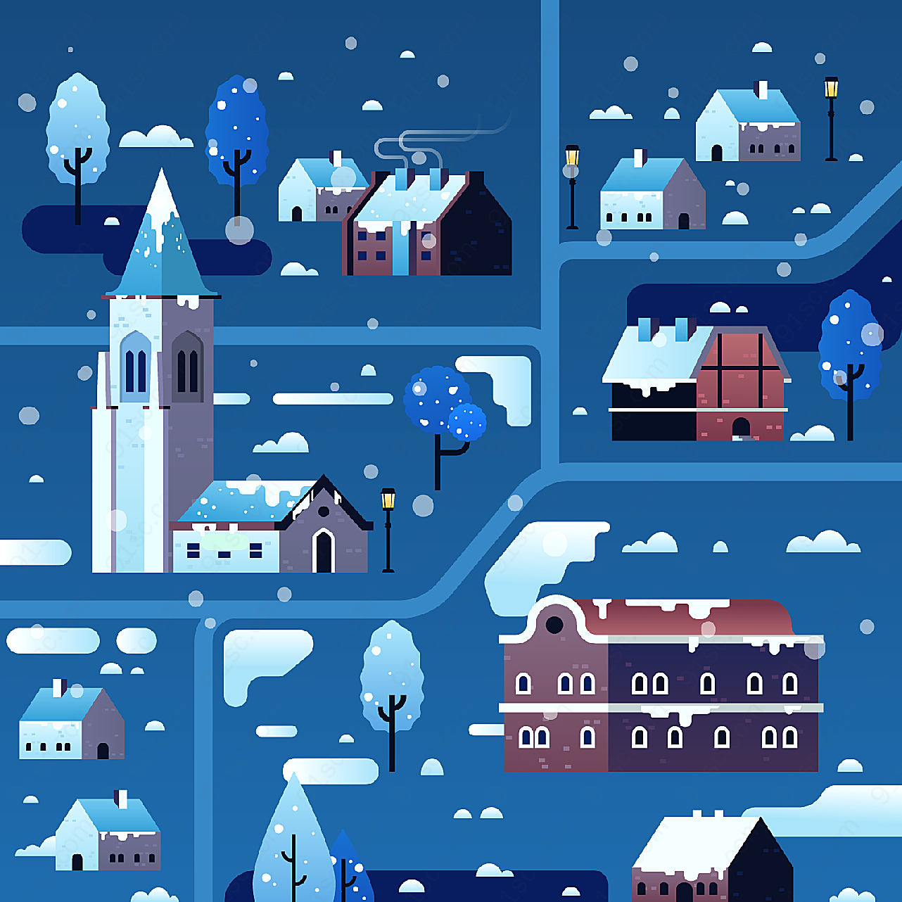 冬季雪夜小城矢量建筑景观