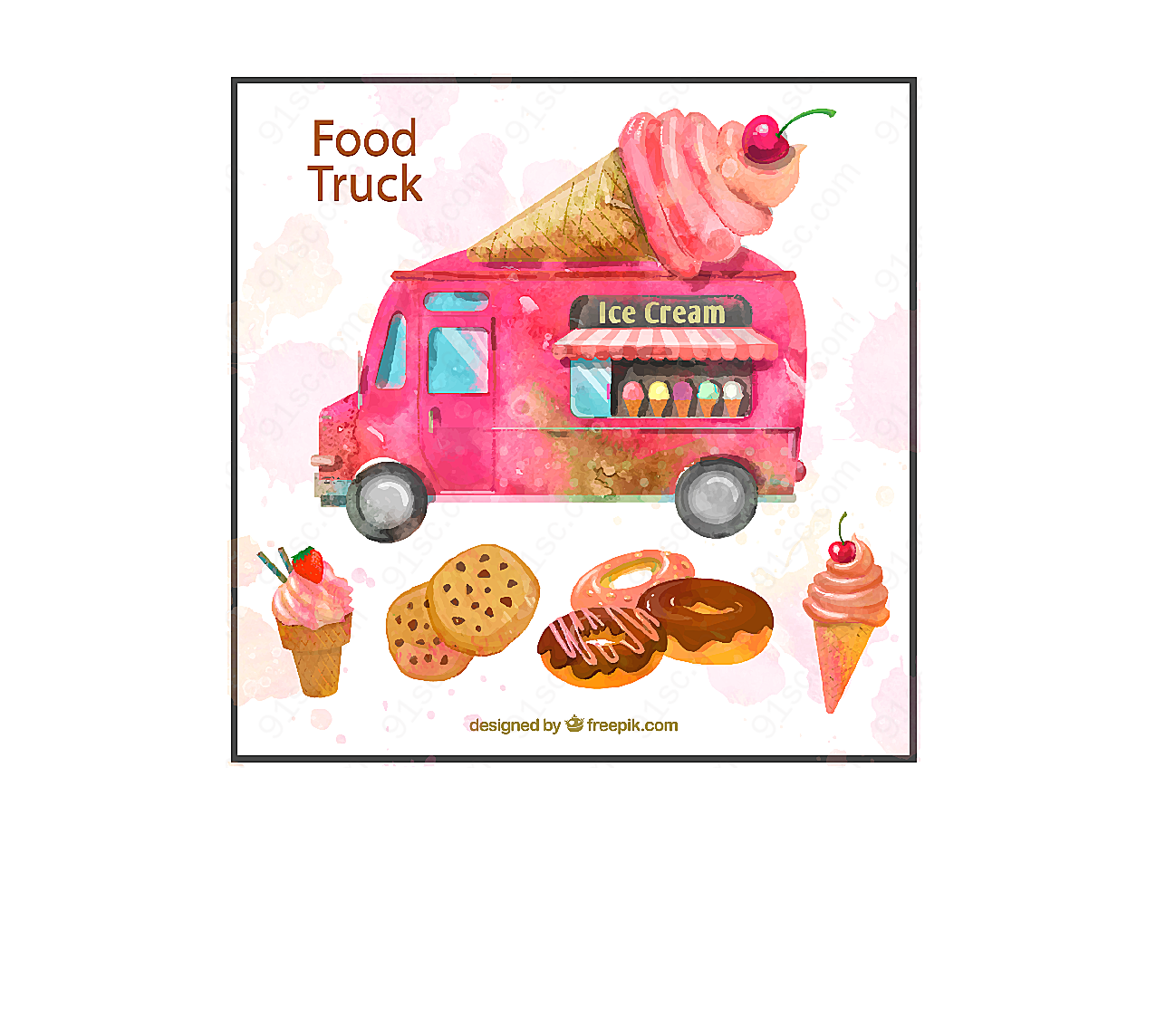 冰淇淋车和甜品卡通矢量插画