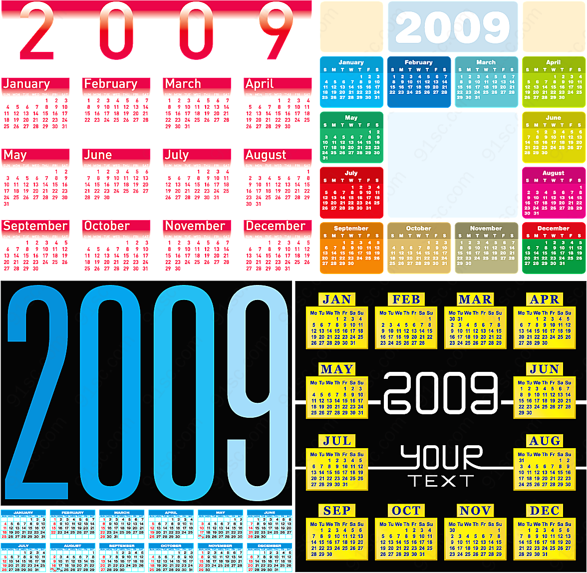 2009年全年日历年历日历矢量