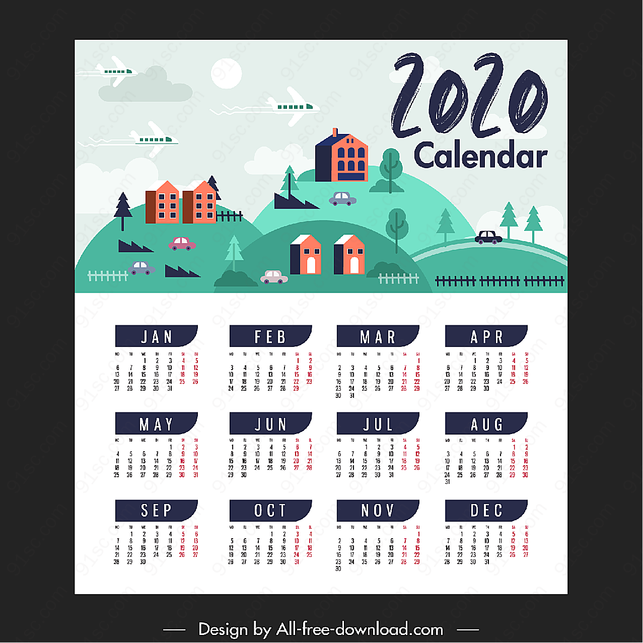 2020年城镇风景年历年历日历矢量