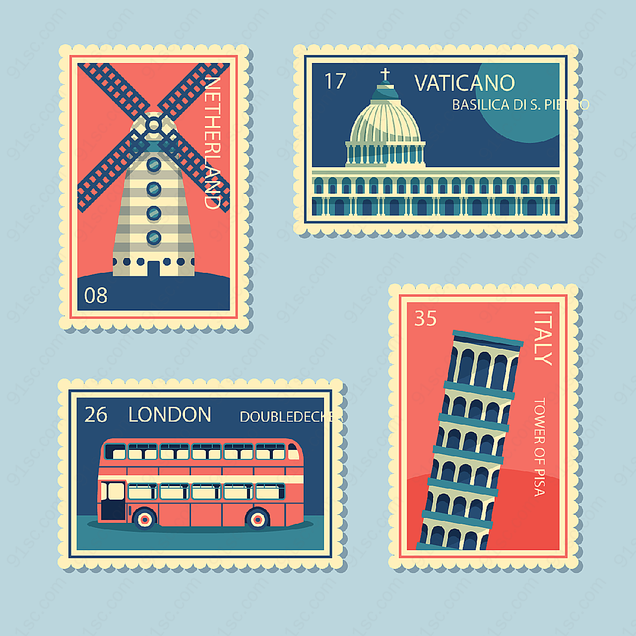 环球旅游邮票矢量传统文化