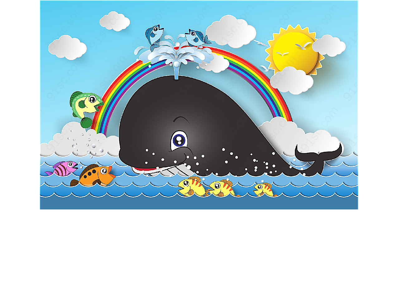卡通鲸鱼和彩虹卡通矢量插画