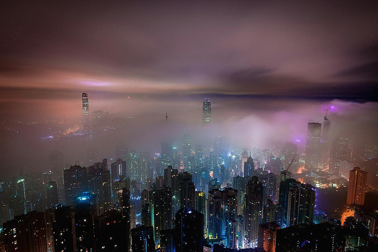 香港云雾夜景高清建筑