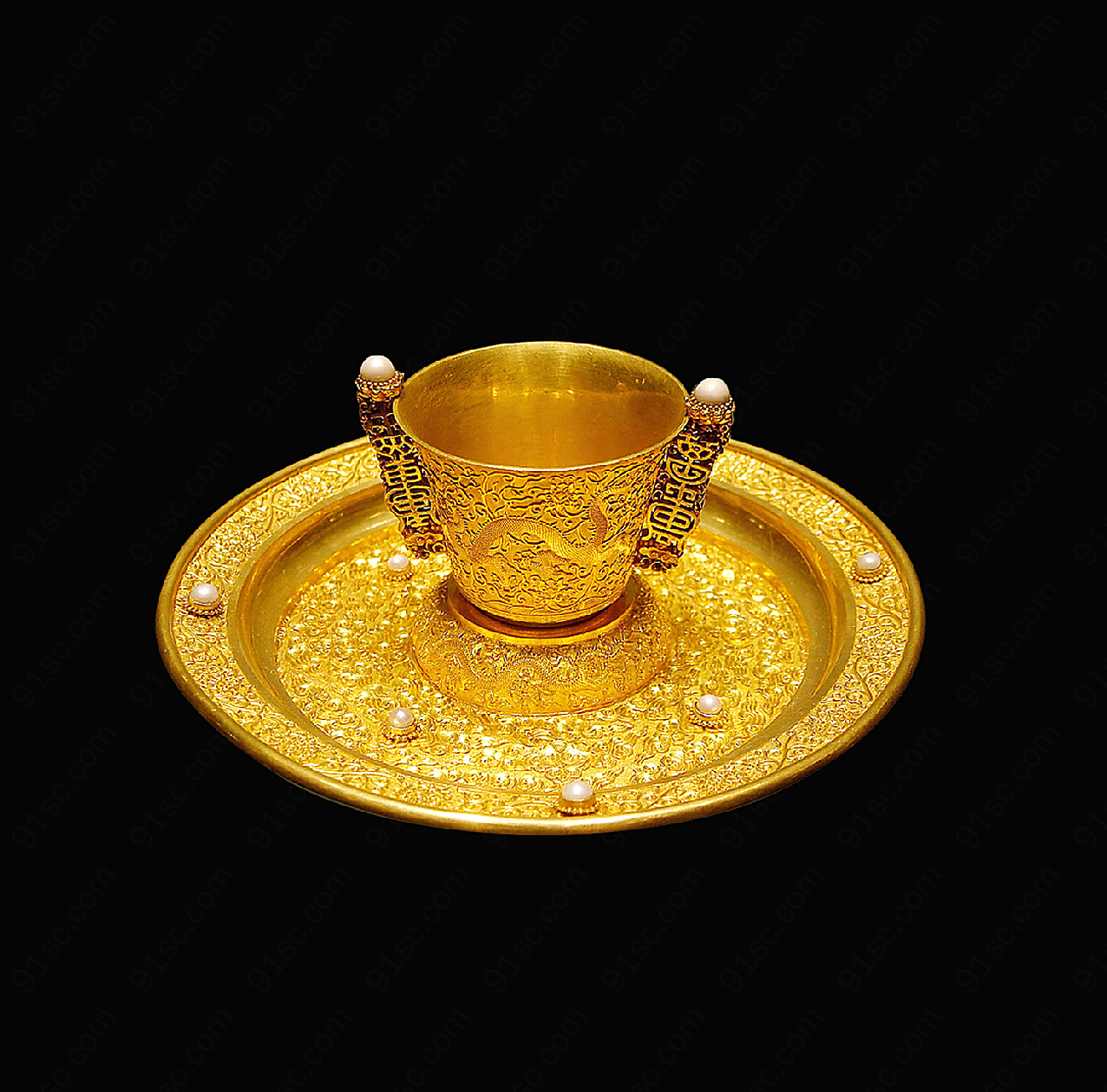 黄金杯子与盘子文化摄影