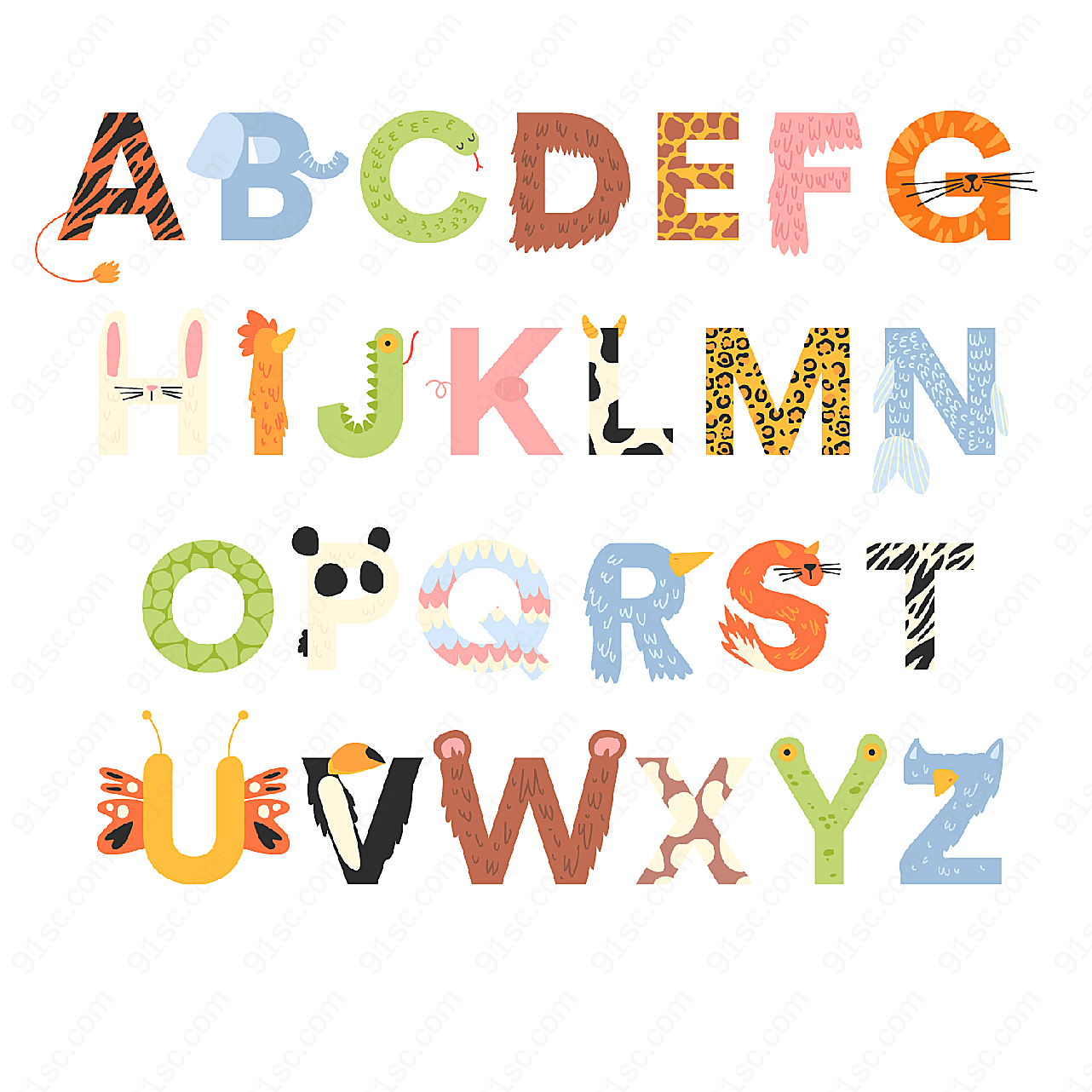 动物花纹字母矢量艺术字