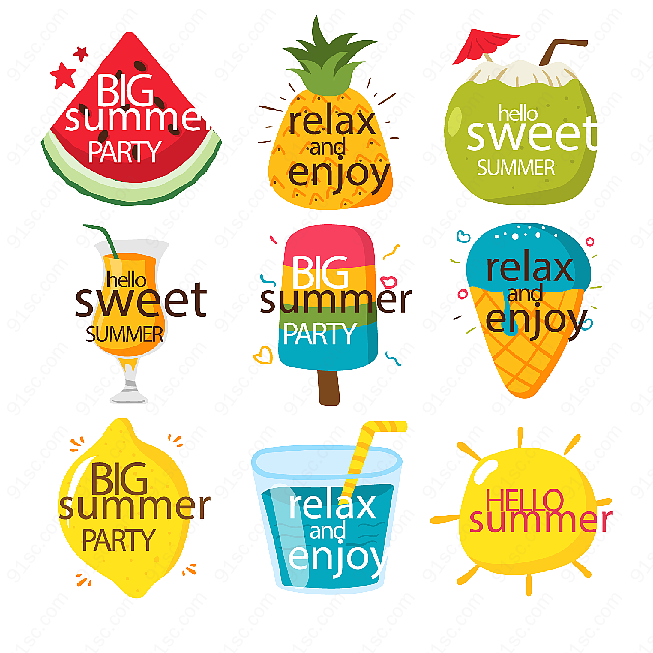 彩色夏季派对标签label矢量