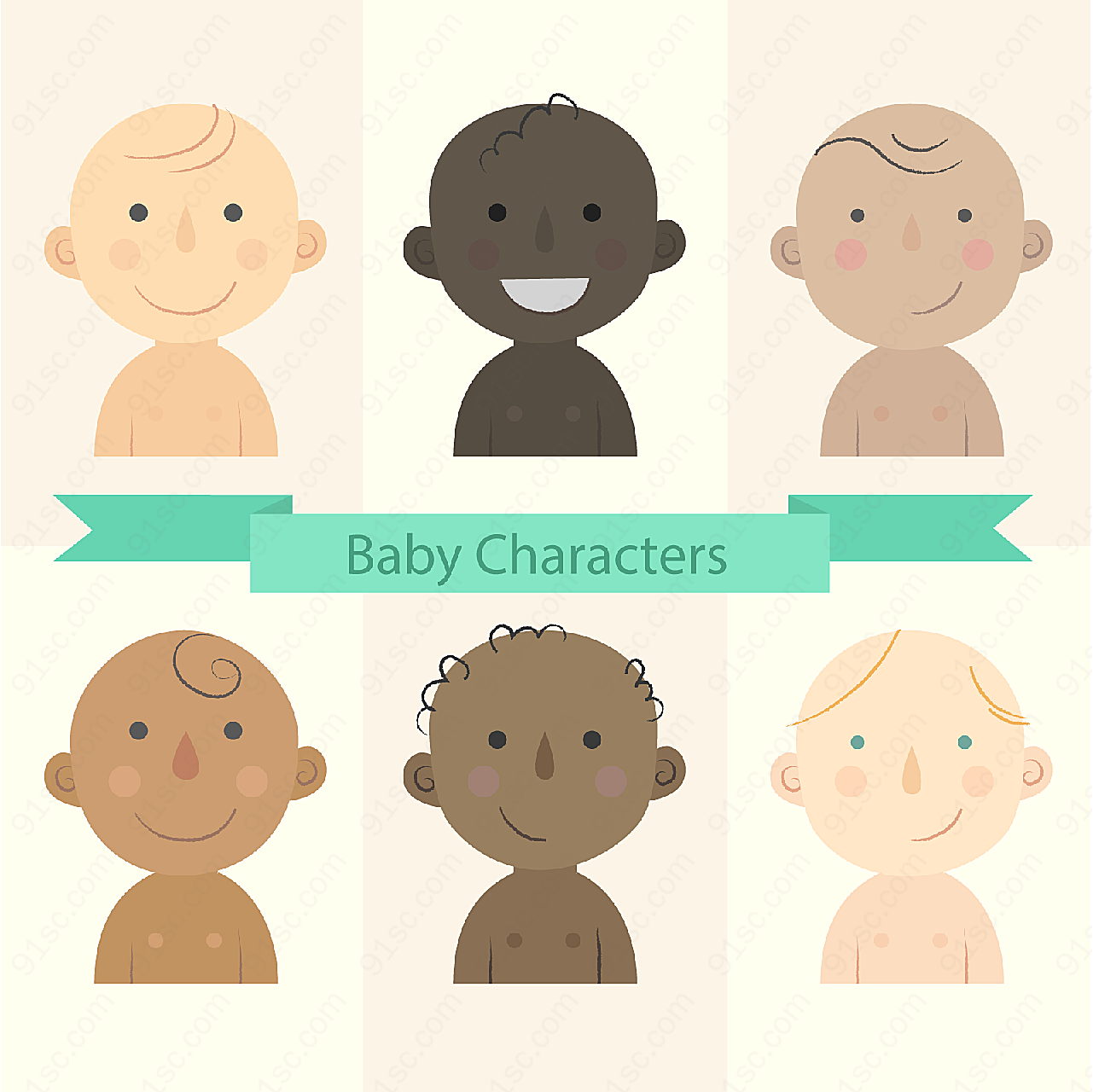 不同肤色婴儿矢量儿童幼儿