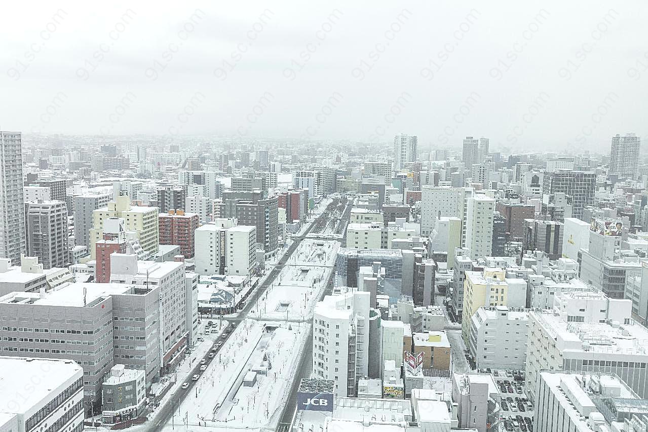 冬天日本札幌大街俯视图城市规划